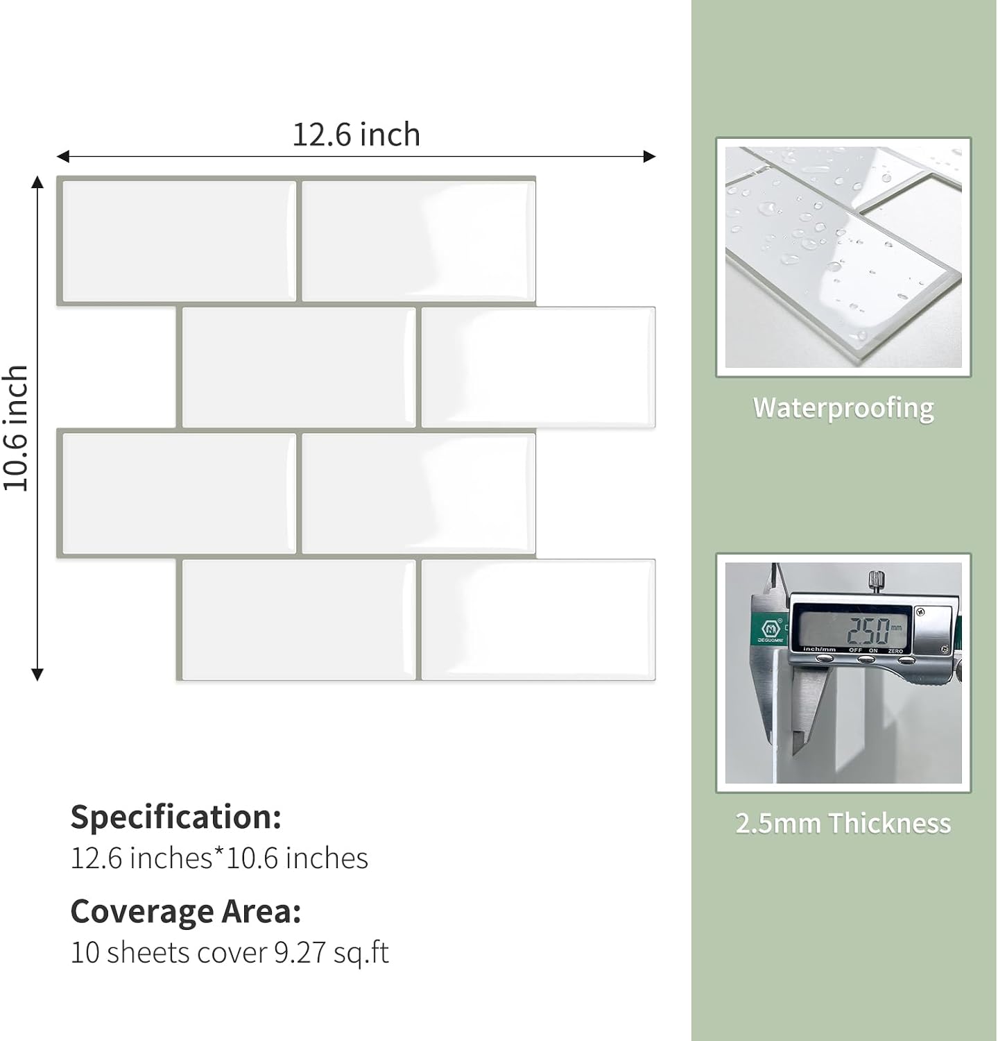 10-Sheet Thick Peel and Stick Kitchen Backsplash Tiles(Green,12"×12") | 3D Subway Waterproof Self-Adhesive Wall Tile Stick on Backsplash for Kitchen and Bathroom