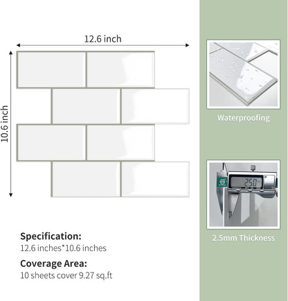 10-Sheet Thick Peel and Stick Kitchen Backsplash Tiles(Green,12"×12") | 3D Subway Waterproof Self-Adhesive Wall Tile Stick on Backsplash for Kitchen and Bathroom