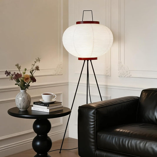 Japanese Rice Paper Floor Lamp, Wabi Sabi Standing Light | Handmade paper shade. Perfect for living room, bedroom, or office. Easy assembly. Size: 51"H x 18"W. Bulb included.