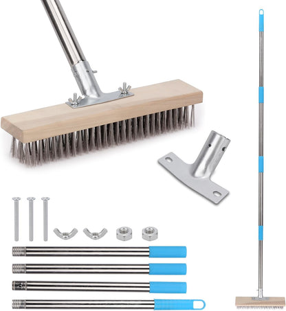 Heavy Duty Wire Broom with 70.8" Telescopic Handle: Stainless Steel Outdoor Broom for Cleaning Moss Concrete Floors Grout Gardens Patio Deck Concrete Garage