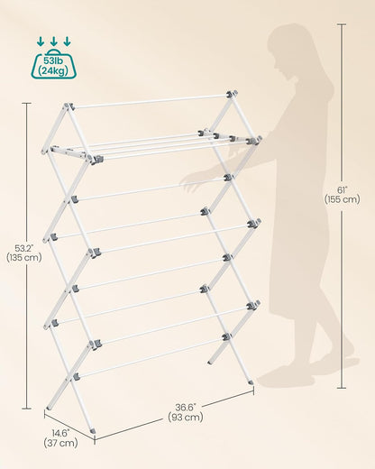 SONGMICS Foldable Clothes Drying Rack, Laundry Drying Rack, Clothes Airer, Steel Frame, 14.6 x 29.5 x 53.2 Inches, Easy Assembly, Indoor Outdoor Use, White ULLR770W01