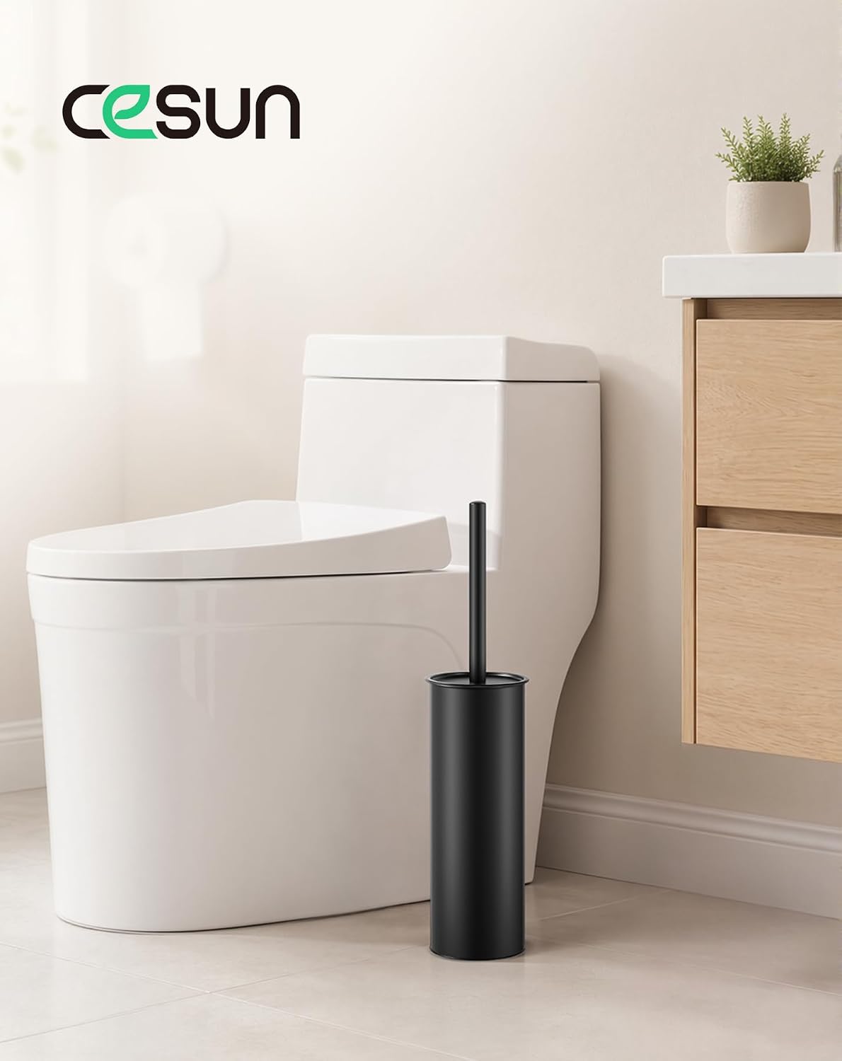 Cesun Toilet Brush and Holder Set with 2 Brush Heads, Curved Toilet Bowl Brush for Under Rim Cleaning, 304 Stainless Steel Holder, Long Handle Toilet Scrubber, Black