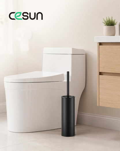 Cesun Toilet Brush and Holder Set with 2 Brush Heads, Curved Toilet Bowl Brush for Under Rim Cleaning, 304 Stainless Steel Holder, Long Handle Toilet Scrubber, Black