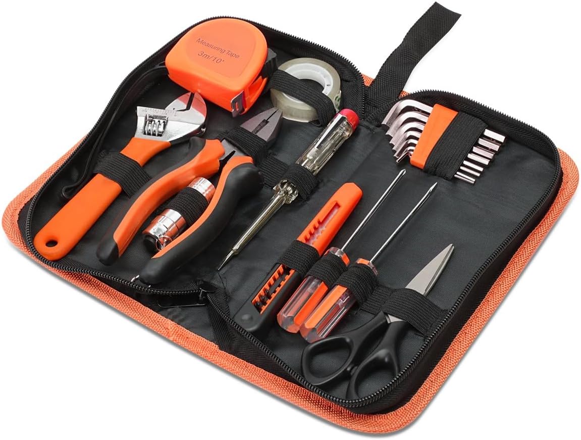 Auto Dynasty Tool Kit for Home 16-Pieces, Basic Household Hand Tool Sets with Hex Key Screwdriver and Adjustable Wrench, All in One Storage Bag for Garage, Home Maintenance, Auto Repair (Orange)
