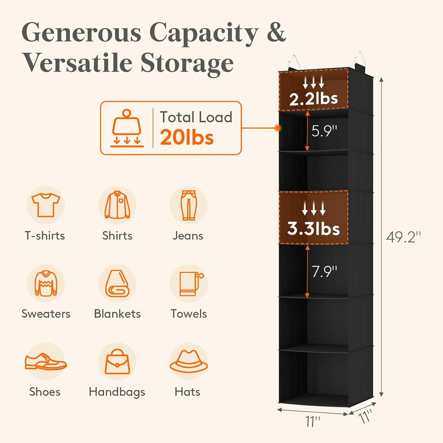 Lifewit 5 Tier Hanging Closet Organizer and Storage for Shelves, Foldable Clothes Shelf with 2 Sturdy Hooks, Sweater/Coat/Shoes Clothing Organization for Wardrobe, Dorm, Bedroom, Gray