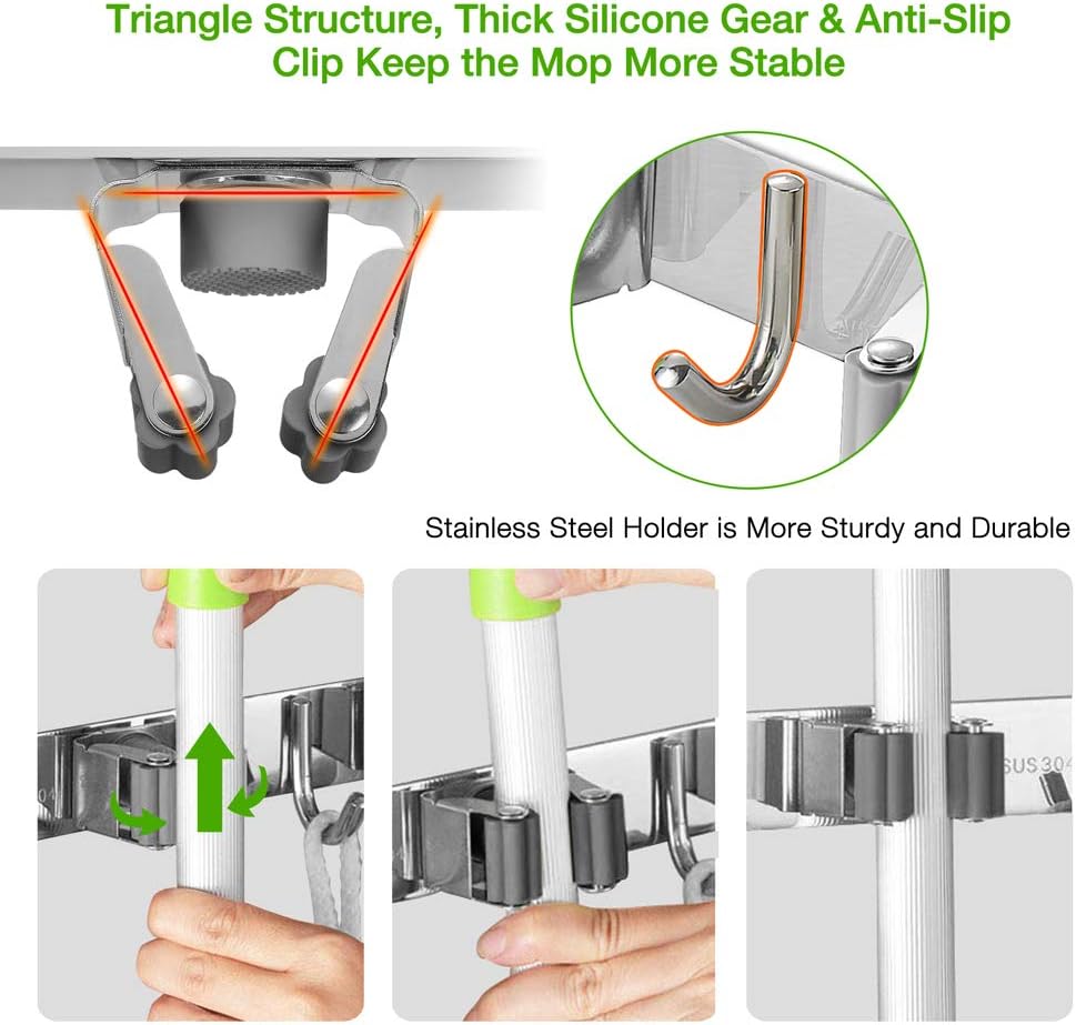 Broom Closet Organizer Wall Mounted, Fyrcomft Heavy Duty Stainless Easy Install Broom Mop Holder with 3 Racks 4 Hooks (Grey)