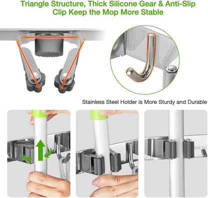 Broom Closet Organizer Wall Mounted, Fyrcomft Heavy Duty Stainless Easy Install Broom Mop Holder with 3 Racks 4 Hooks (Grey)