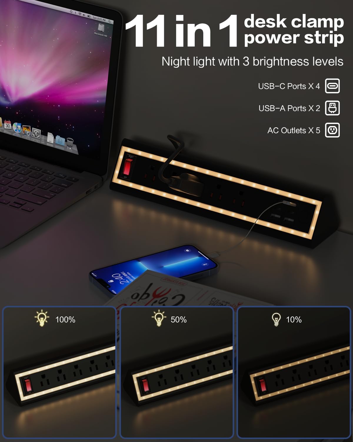 Desk Clamp Power Strip with Nightlight, 40W Fast Charging, 10FT Extension Cord, 4x20W USB-C & 2 USB Ports, 5 AC Outlets, Fits 1.69-Inch Table Edges