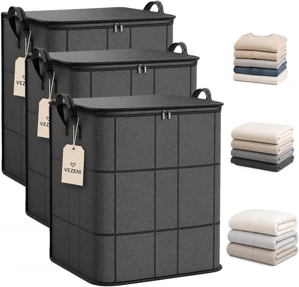 Spacious Moving Storage Bin Blanket Storage Bags with Zipper and Handles Large Foldable Bedding Winter Clothes Quilts Comforter Sweaters Organizer Machine Washable Capacity Fabric