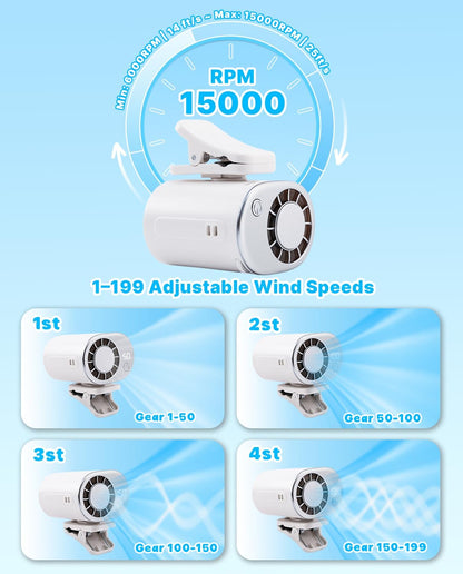 Car Clip on Cooling Fan with LED Display - 360° Rotation, 199 Speeds & Semi-Cooling Technology, 2000mah Rechargeable Personal Mini Fan, Portable Clip on Fans for Cars, Travel, Camping