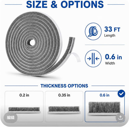 Self-Adhesive Door Draft Stopper & Weather Stripping Door Seal – Gray, 33 Ft x 0.35" Wide x 0.35" Thick Foam Seal Strip – Draft Blocker, Noise Reduction, Insulation