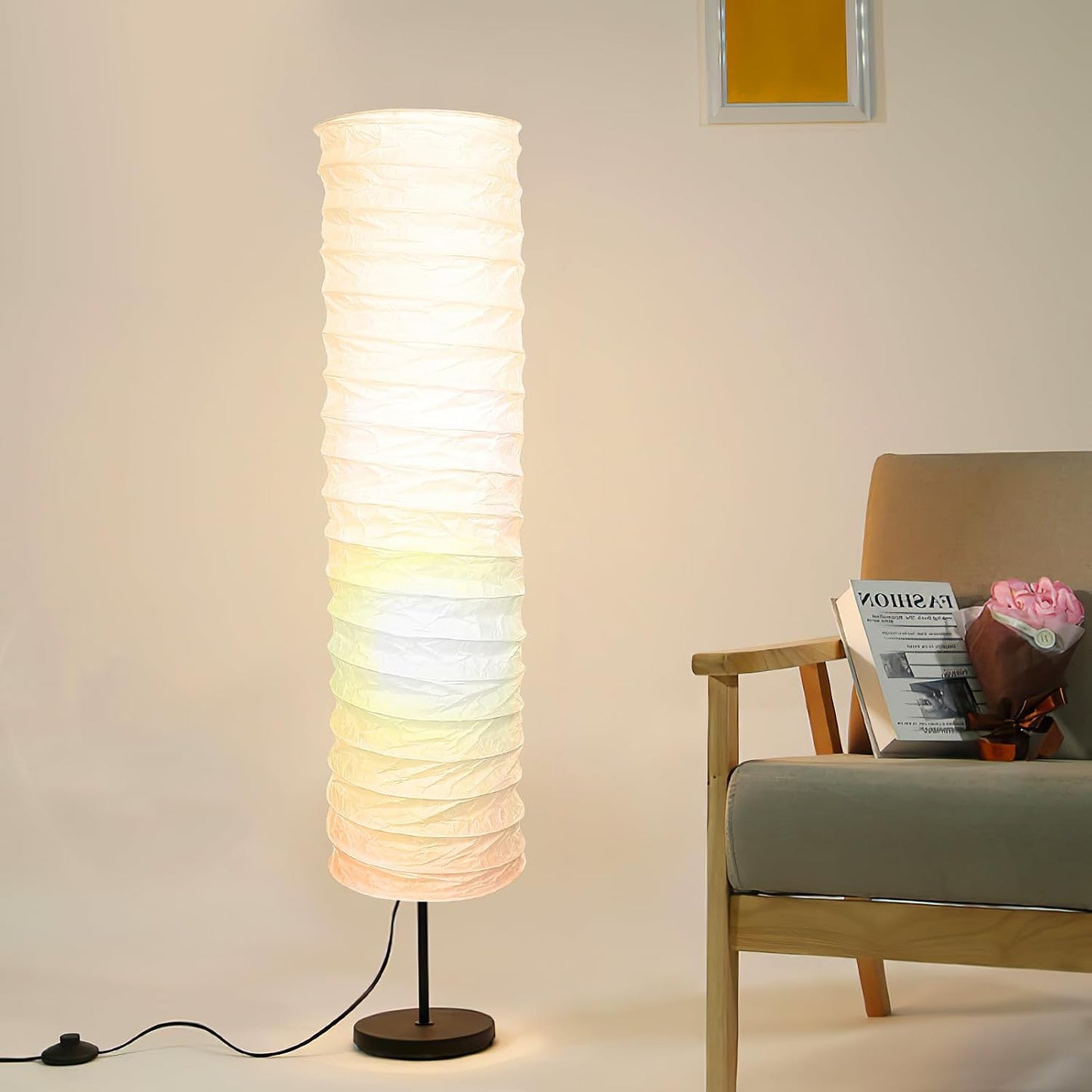STOBOK Rice Paper Floor Lamp Shade Replacement, 36-inch Standing Paper Lampshade, Japanese Style Long Lamp Shade Only, Foldable Light Cover for Living Room Bedroom Hotel Decor, White
