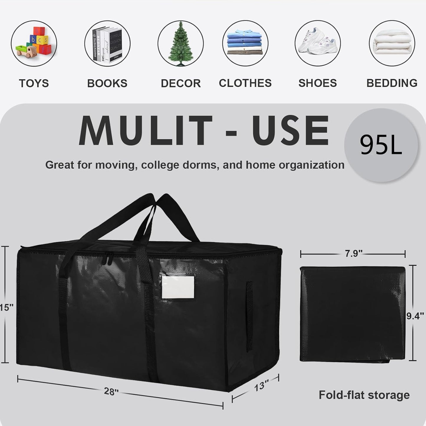 8 Pack-Extra Large Heavy Duty Moving Bags - Waterproof Storage Totes with Handles & Zippers, Foldable for College Dorm, Storage (Clear)
