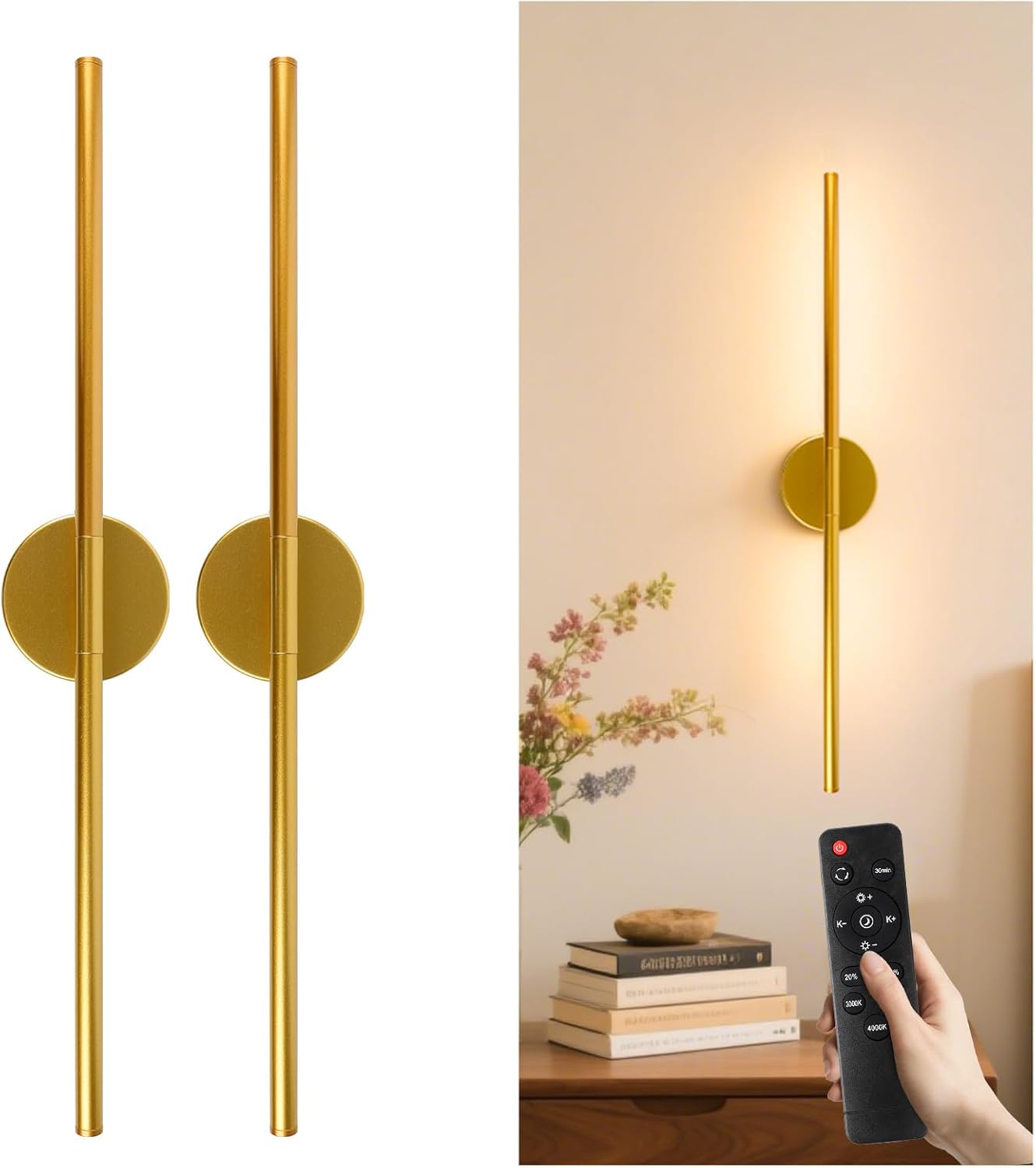 GvvooHome Battery Operated Wall Sconces Set of 2, Detachable 360°Rotate Wall Lamps, 3000-6500K Dimmable with Remote Control, 10000mAh Rechargeable Wall Light for Bedroom, Living Room, 28.3" Black Gold