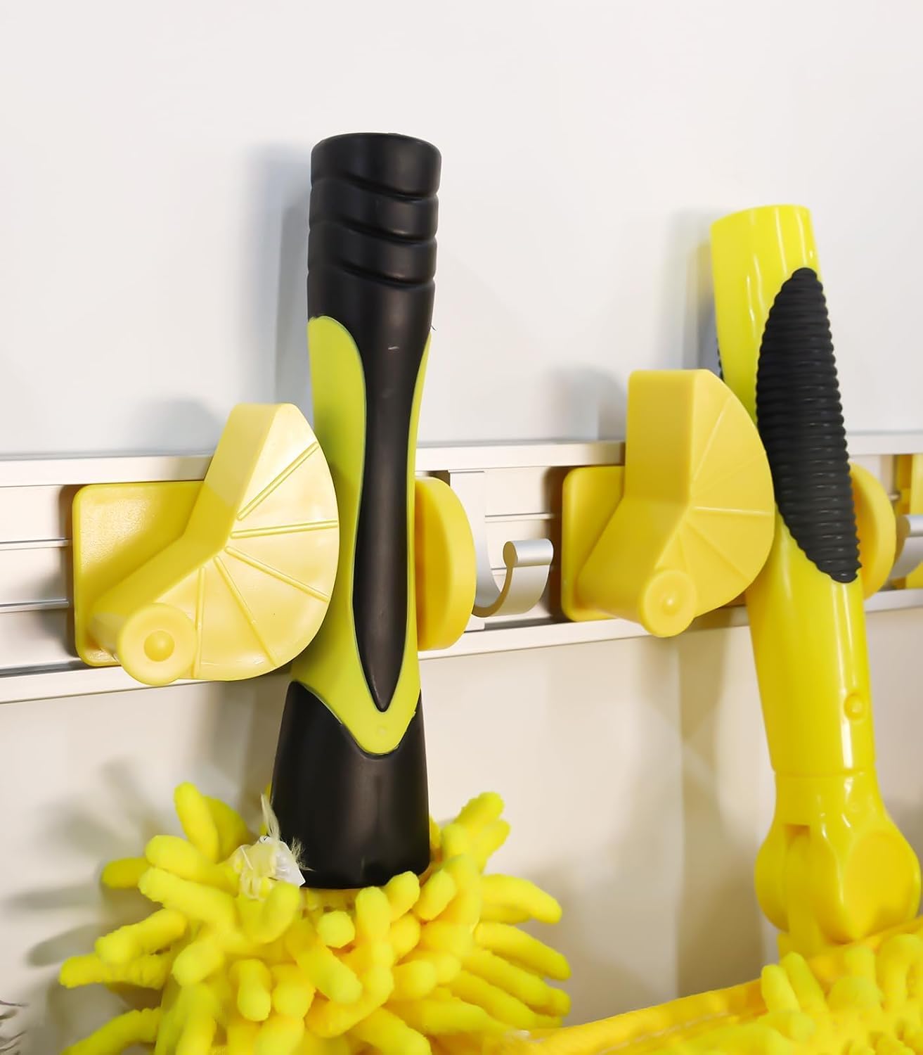 Wall-Mounted Mop and Broom Holder Storage Organizer with Good Grip, Cleaning Tools Hanger for Kitchen, Garden, Laundry Room and Garage, 4 Slots, 5 Hooks