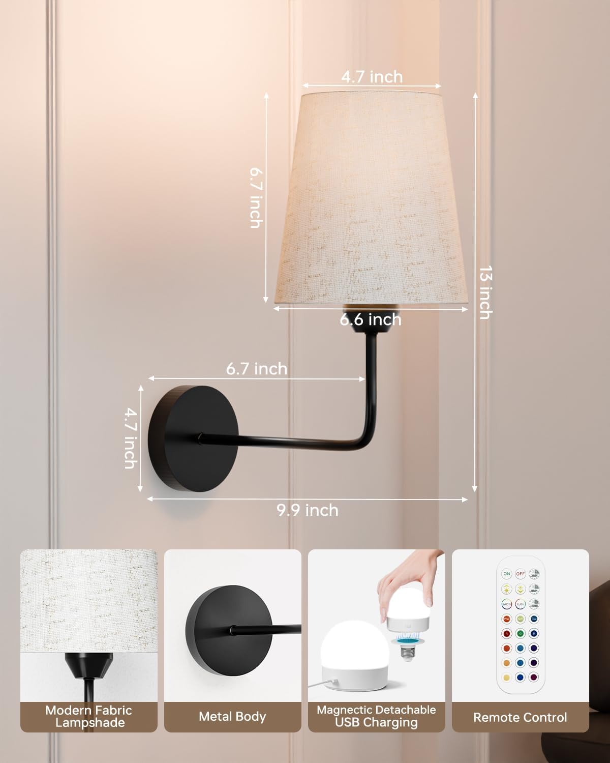 KINDEEP Wall Sconce Set of 2 Battery Operated, Rechargeable Wireless Dimmable Wall Light with RGB, Flash Mode, Remote Timer