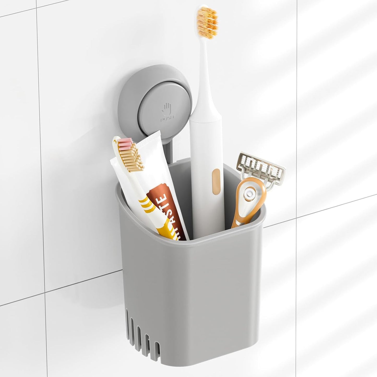 TAILI Upgraded Bathroom Mirror Suction Cup Toothbrush Holder with Razor Hook, Visible Safety Indicator, Large Capacity Inverted Trapezoid Design, Removable Shower Caddy for Toothbrush, Toothpaste, etc