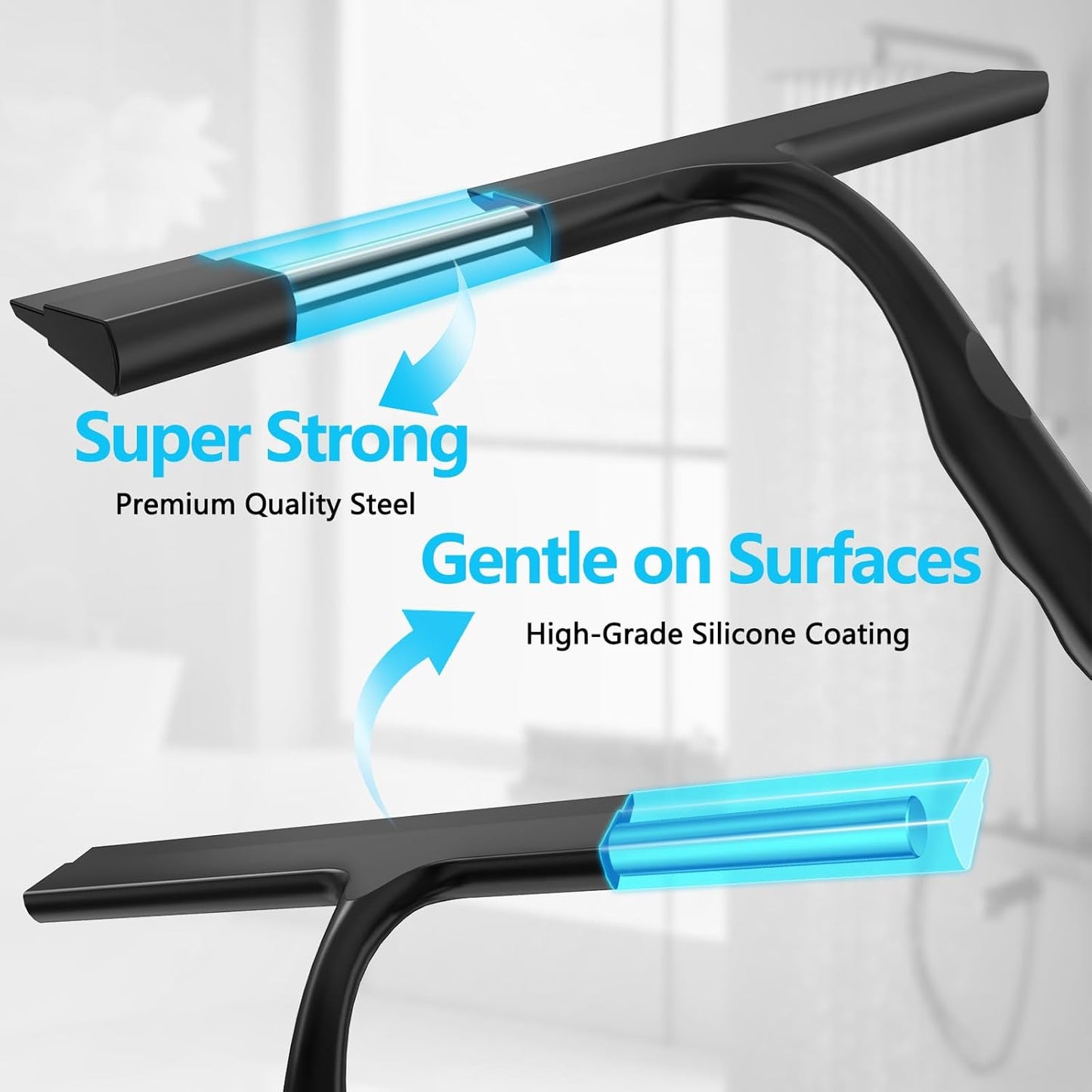 Shower Squeegee for Glass Doors,2-in-1 Silicone Shower Squeegee with Hook,Hang Anywhere | Streak-Free Bathroom Squeegee | Household Window Mirror Squeegee for Bathroom,Glass,Tile Wall,Car | Black