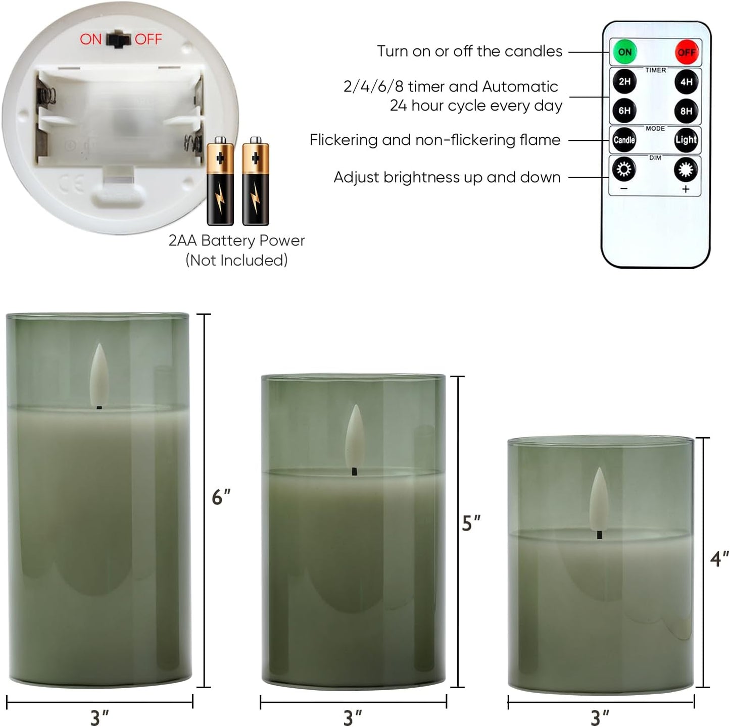 5plots Glass Battery Operated White Flameless Candles with Remote Timer, 3D Wick Real Wax Pillar Led Candles Warm Flickering Light for Indoor Home, Halloween, Christmas Decor, Set of 3, D3 x H4 5" 6"