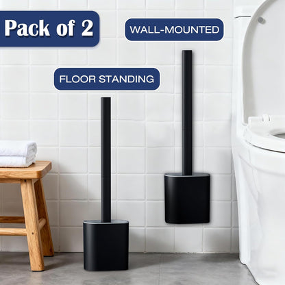 Toilet Brush and Holder Set, Wall Mounted Toilet Bowl Brush Head with Silicone Bristles, 2 Pack Black Compact Size for Storage and Organization Scrub Brush for RV Bathroom Accessories