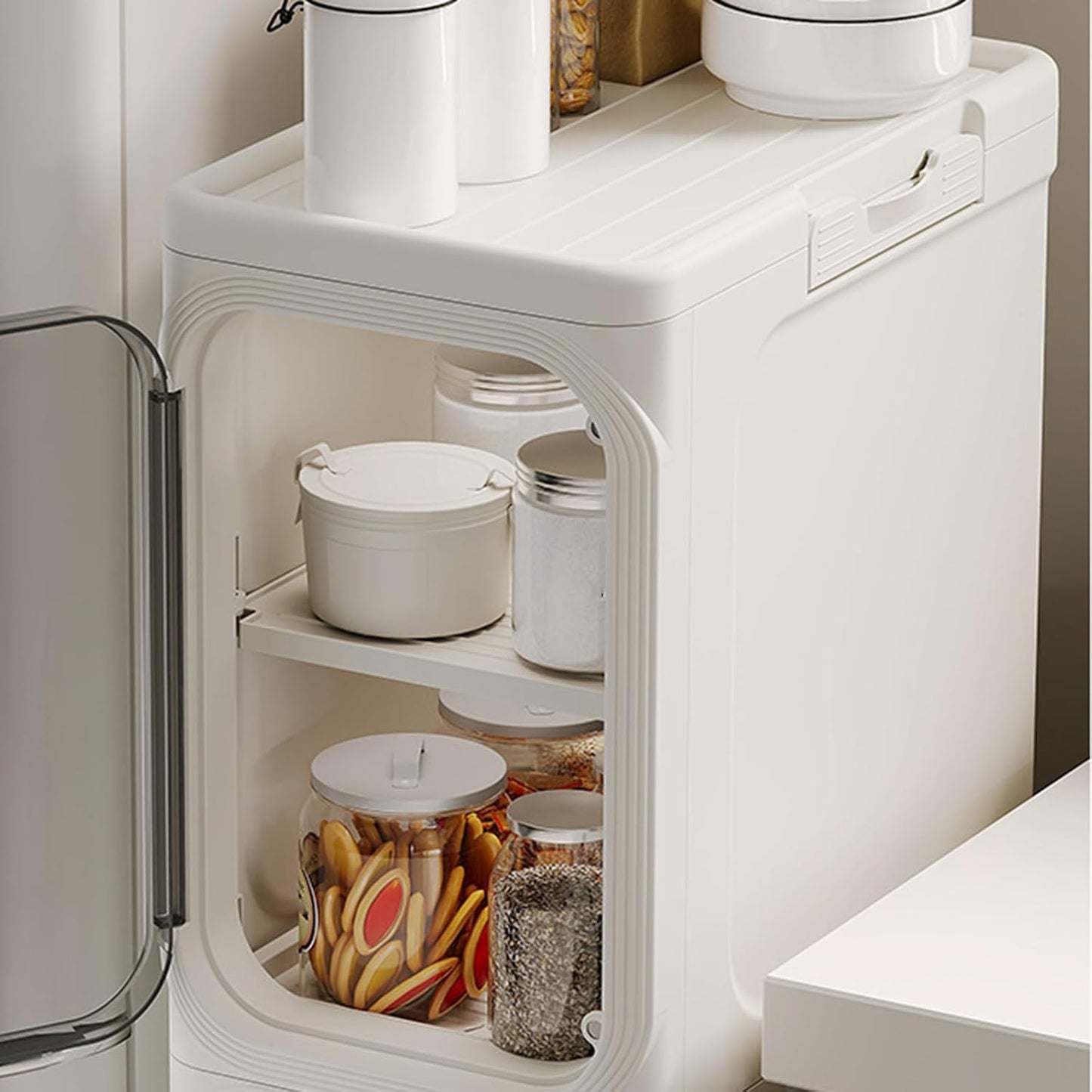 4-Tier Stackable Narrow Storage Cabinet with Wheels and Doors,Slim Plastic Rolling Cart with Adjustable Shelves,Foldable Floor Cabinets for Small Space, Bathroom,Kitchen,Beige