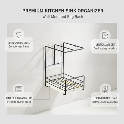Wall-Mounted Kitchen Rag Rack, Carbon Steel Sponge & Cloth Holder for Sink Side Organization, Space-Saving Drying Rack (Black/White)