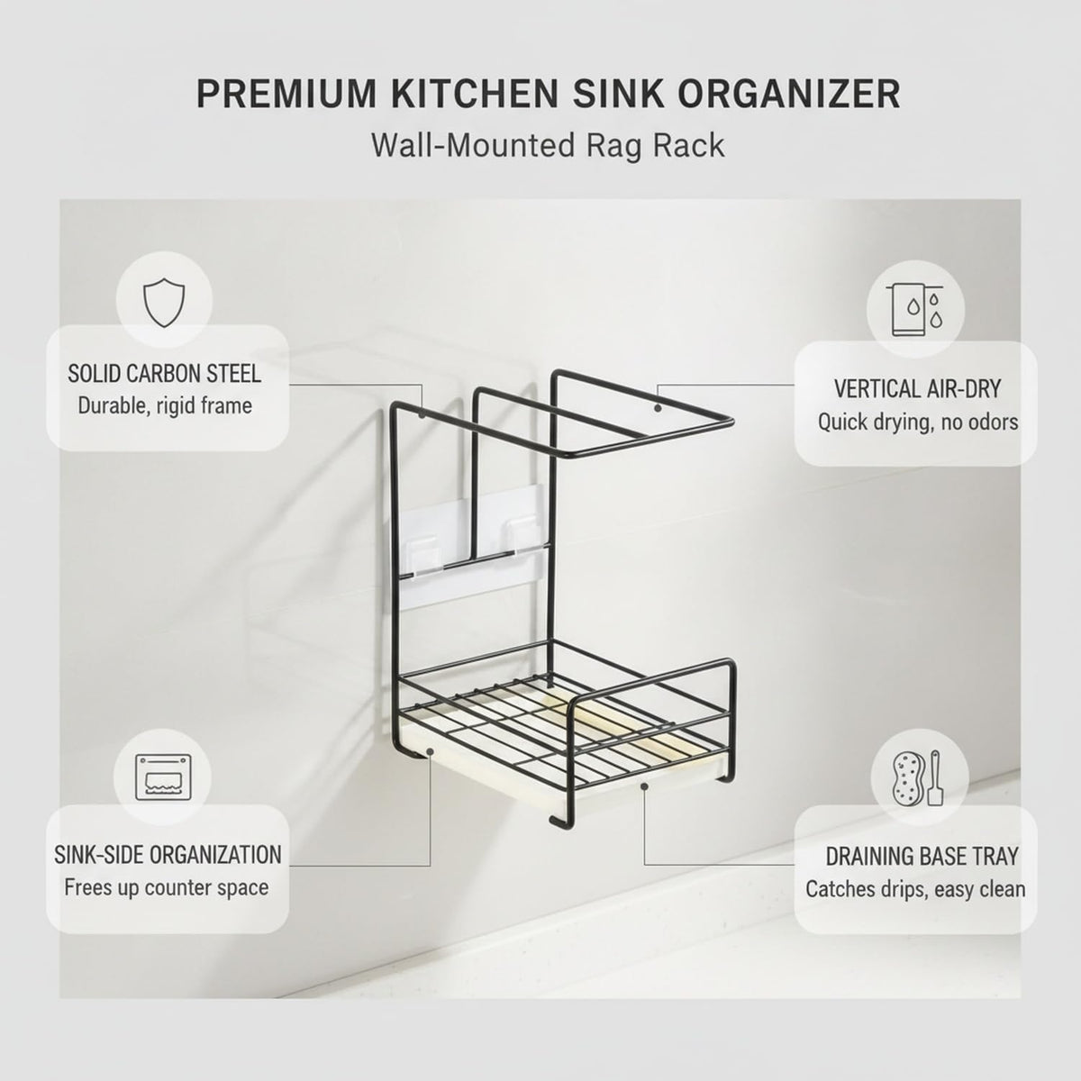 Wall-Mounted Rag Rack, Carbon Steel Sponge and Cloth Holder for Kitchen Sink Side Organization (1 PC)