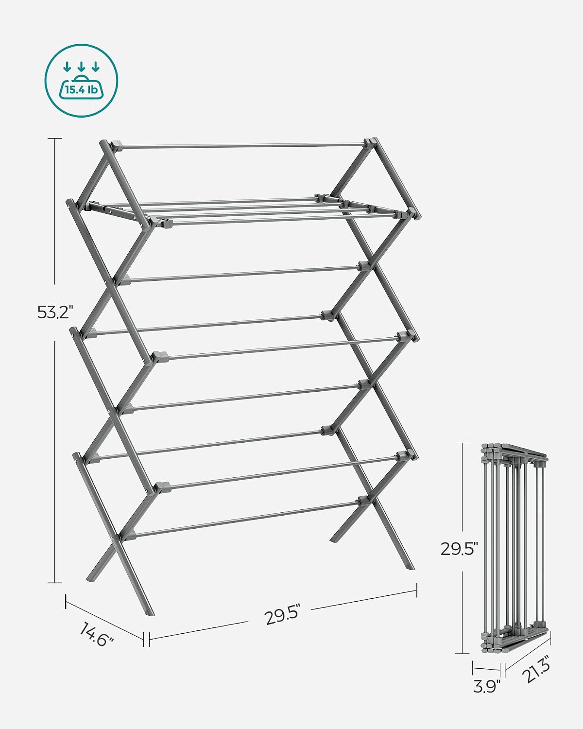 SONGMICS Foldable Clothes Drying Rack, Laundry Drying Rack, Clothes Airer, Steel Frame, 14.6 x 29.5 x 53.2 Inches, Easy Assembly, Indoor Outdoor Use, White ULLR770W01