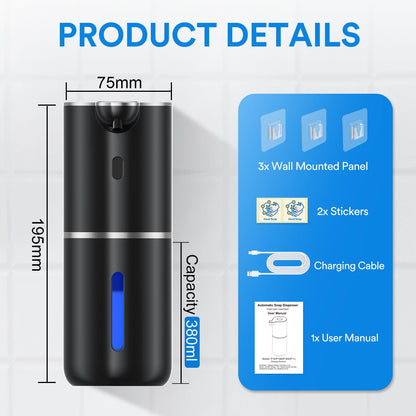 Automatic Soap Dispenser with Smart Digital Display, Touchless Rechargeable Hand & Dish Liquid Soap Dispenser for Kitchen & Bathroom - 6 Adjustable Level, Wall Mounted, 380ml IPX5 Waterproof