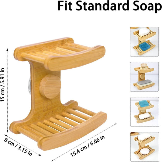 Suction Cup Soap Dish for Shower，Bamboo Soap Dish Holder for Shower, Suction Cup NO-Drilling, Self Draining for Bathroom，Natural Bamboo Color (Double soap Holder, Rectangular)