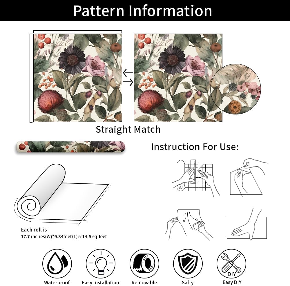Floral Peel and Stick Wallpaper, 17.71" x 118.1" - Removable, Waterproof, Decorative Vinyl Wallpaper for Bedroom, Living Room