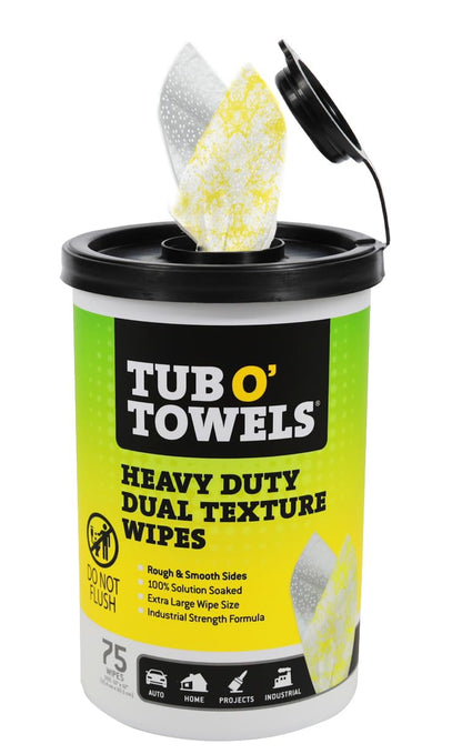 Tub O' Towels TW75 Heavy-Duty Multi-Surface Cleaning Wipes, Pack of 1 – XL 10" x 12" Dual-Texture Wipes – Helps Remove Grease, Oil, Tar, Paint, Ink & Tough Messes – For Home, Garage, Auto & Workshop