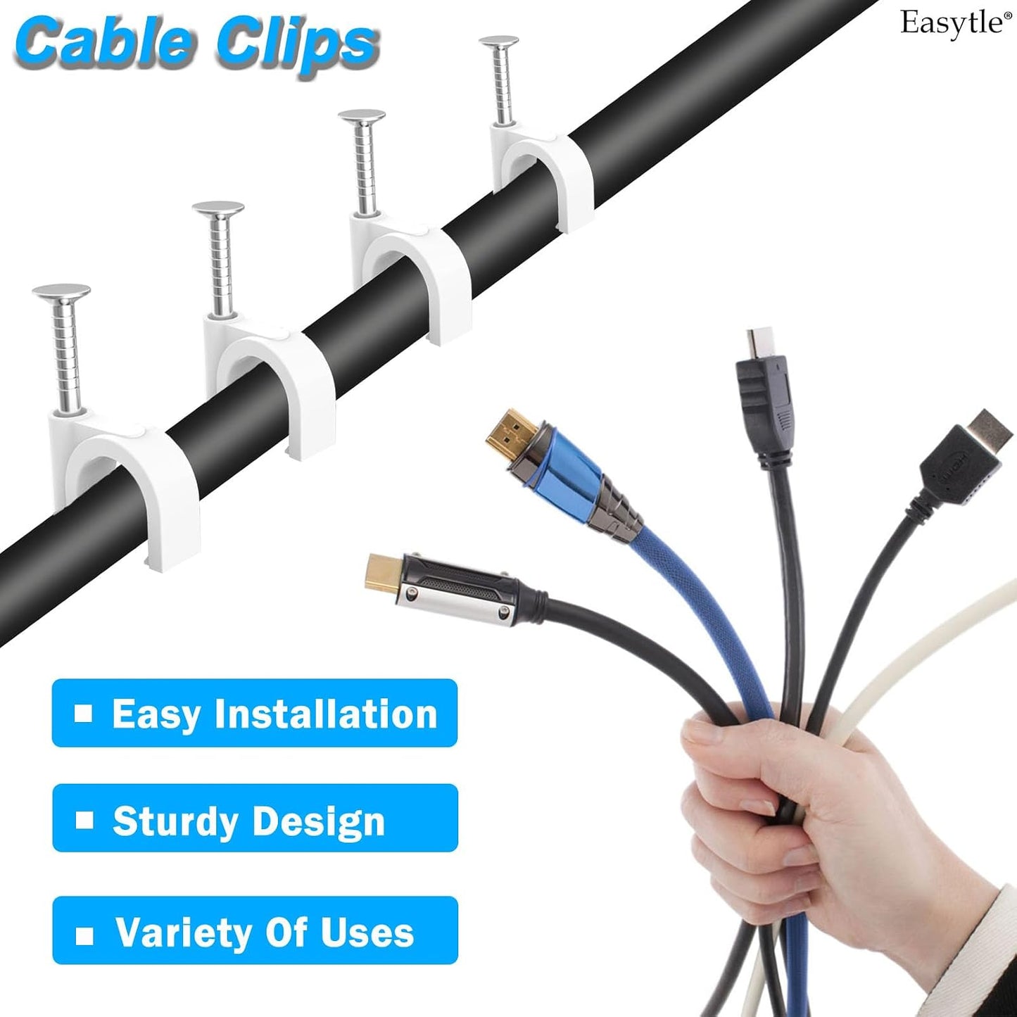 400 Pcs Cable Clips 4/6/8/10mm Nail in Cable Clips with Steel Ethernet Cable Clips Cable Wire Clips Cable Tacks Cable Nails Speaker Wire Clips Coaxial Cable Staples RG6 RG59 CAT6 RJ45 Wire Wall Clips