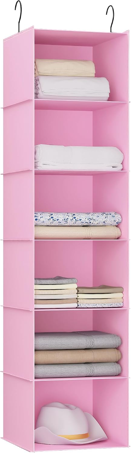 Hanging Closet Organizer 3-Shelf, Oxford Fabric Wardrobe Storage, Gray | Easy-mount foldable design holds clothes, handbags, shoes & accessories; washable Oxford fabric, sturdy and space-saving.