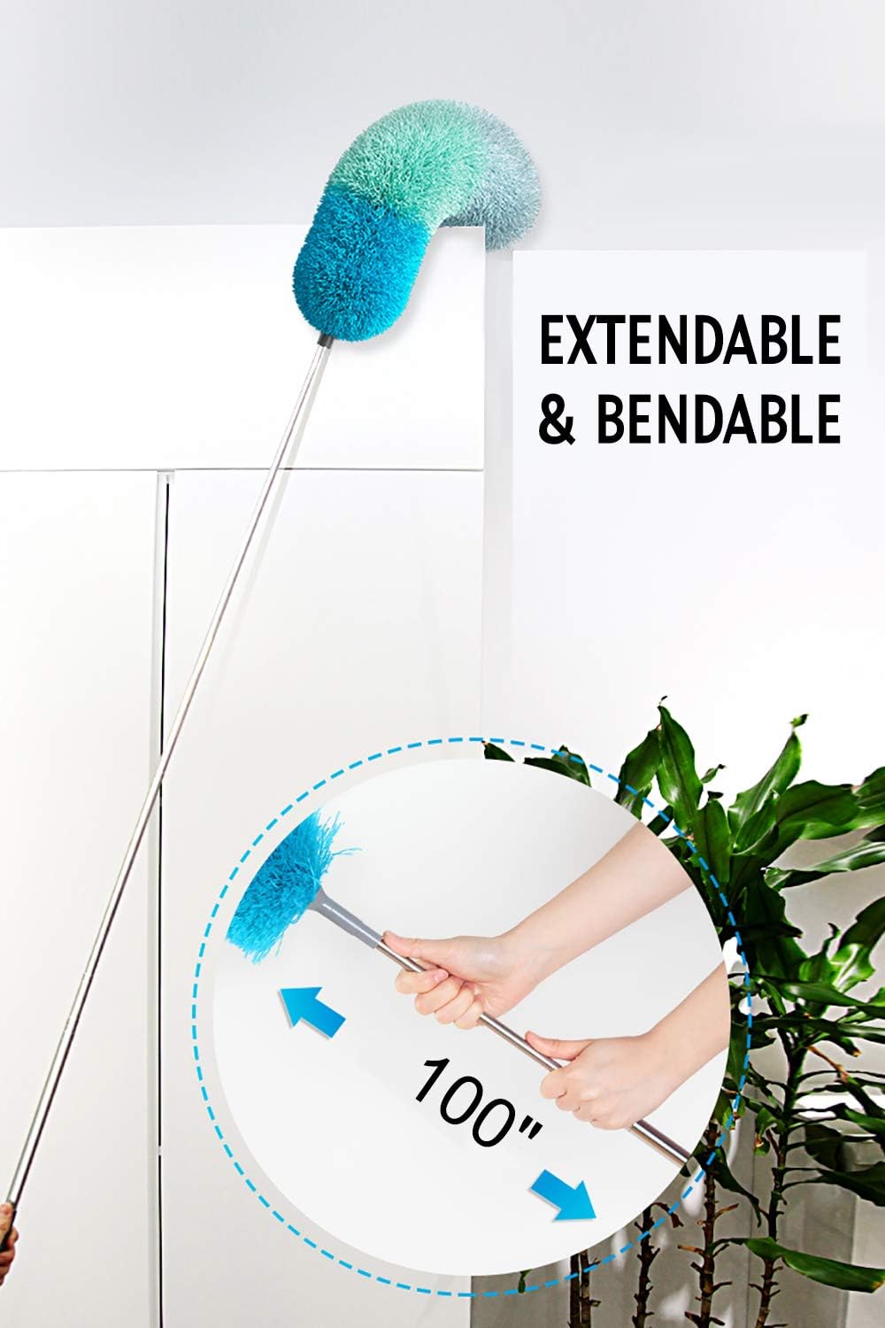 BOOMJOY Microfiber Feather Duster with 100 inches Extension Pole, Dusters for Cleaning High Ceiling, Fan, Blinds, Furniture