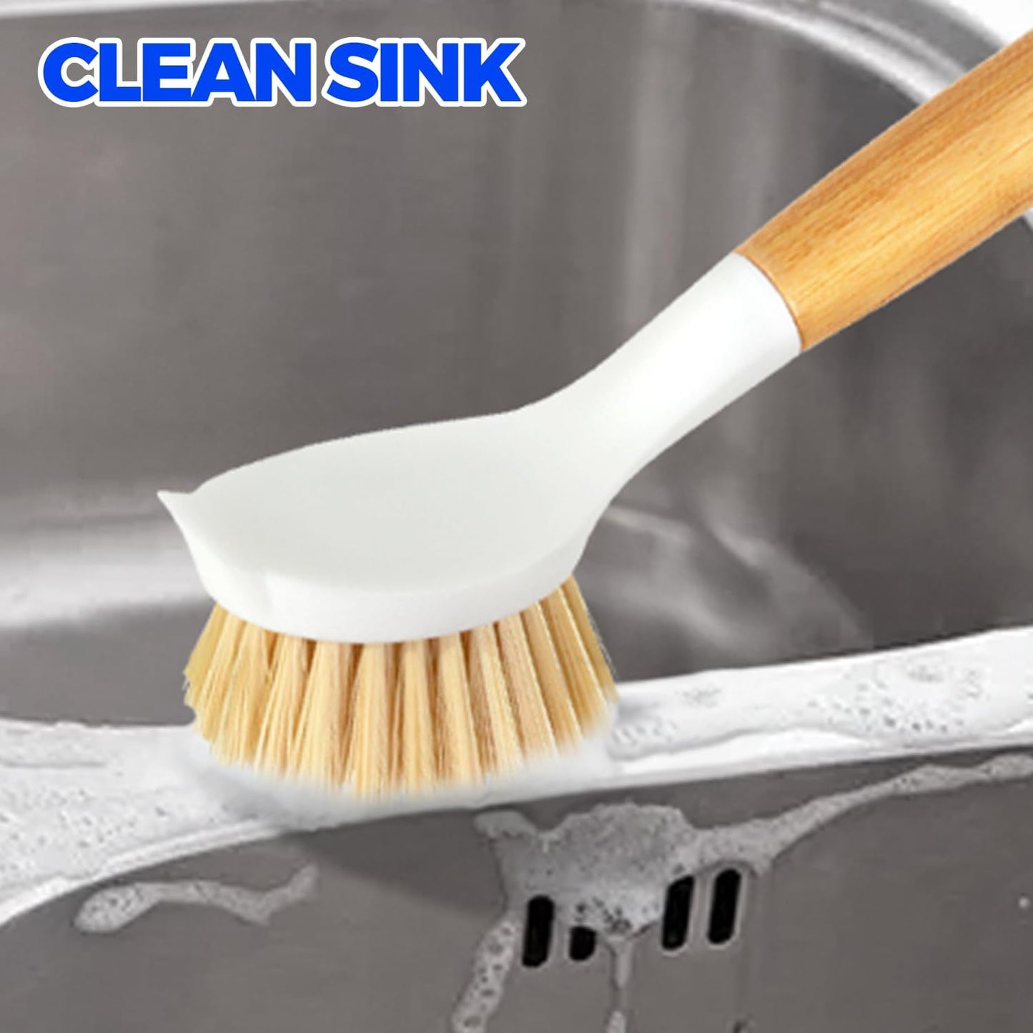Holikme 3 Pack Dish Brush Set with Bamboo Handle, Kitchen Brushes for Cleaning Pot, Sink and Stove, Skillet Scrubber with Tough Bristles for Cast Iron Grill Pan, White Yellow Black