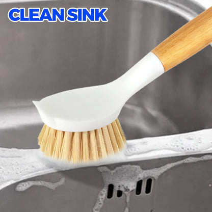 Holikme 3 Pack Dish Brush Set with Bamboo Handle, Kitchen Brushes for Cleaning Pot, Sink and Stove, Skillet Scrubber with Tough Bristles for Cast Iron Grill Pan, White Yellow Black