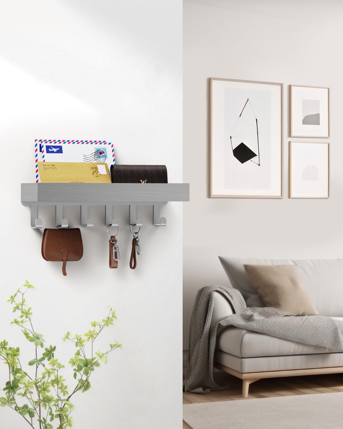 Key Holder Wall Mount Adhesive Magnetic - Hanging Key Hooks with Mail Organizer for Wallet House Accessories - Keys Hanger Rack with Shelf for RV Camper Entryway Door Home Living Room Decor Black