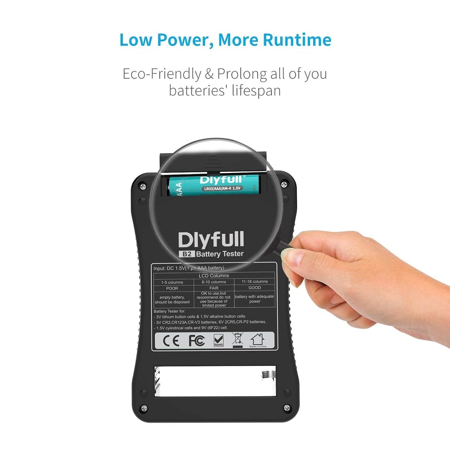 Dlyfull Battery Tester, LCD Display Universal Battery Checker for AA AAA C D 9V CR2032 CR123A CR2 CRV3 2CR5 CRP2 1.5V/3V Button Cell Batteries, 1x AAA Batteries Included