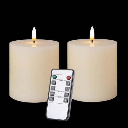volnyus Flameless Candles Set of 3 (3x3 inch) Flickering LED Real Wax Candles Battery Operated with Remote Control Timers for Fireplace Bedroom Livingroom Party Dimmable Ivory Pillars Flat top