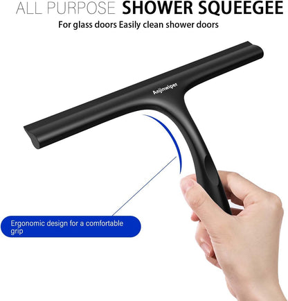 Household Squeegee for Shower Glass Doors, Silicone Shower Squeegee with Adhesive Hook, Bathroom Squeegee for Shower, Window Cleaner Tool for Glass Door, Kitchen, Tile Wall(10 inch-Black)