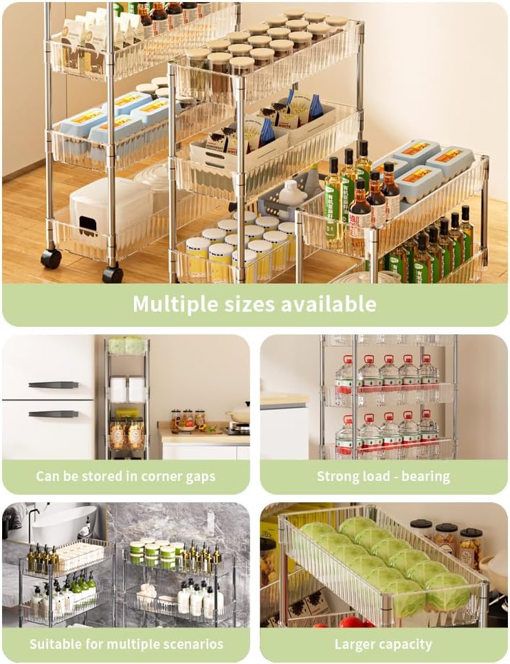 Sooyee 3 Tier Rolling Cart with Wheels, Slim Storage Cart, Under Desk Narrow Rolling Utility Cart Storage Organizer for Office Bathroom Kitchen Laundry Room Narrow Places, White, Plastic and Metal