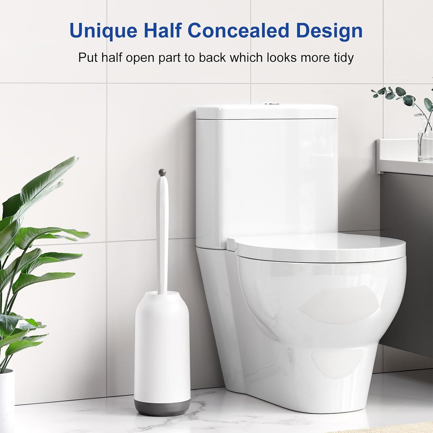 HAMITOR Toilet Bowl Brush Holder Set: Deep Cleaning Silicone Toilet Cleaner Scrubber Under Rim with Curved Bristle for Bathroom Dead Corner Clean - Modern Rv Toilet Decorative Accessories - White