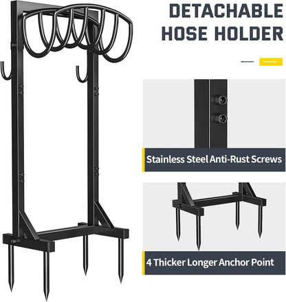 Kesfitt Garden Hose Holder Stand with Tool Storage Basket & 4 Spikes, Detachable Heavy Duty Metal Freestanding Outdoor Organizer for Lawn Yard Water Storage Rack
