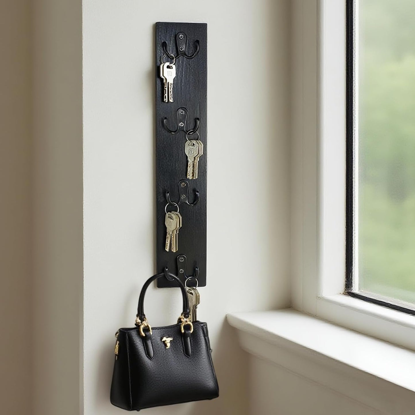 Yohsnor Vertical Key Holder for Wall - Mounted Wooden Key Rack Organizer with Hooks for Home Entryway, Laundry Room & Garage - Perfect Space-Saving Storage Solution for Keys, Wallets & Pet Leashes