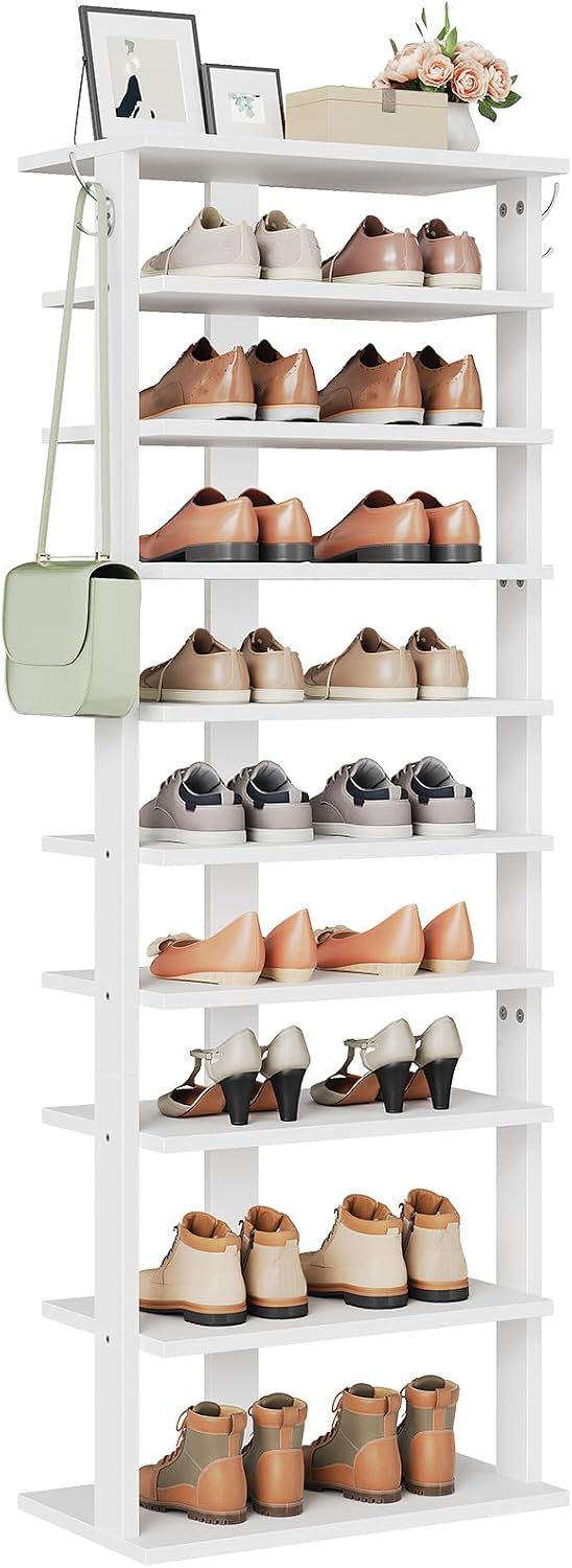 HOOBRO 8 Tiers Vertical Shoe Rack, Wooden Shoe Storage Organizer with Hooks, Narrow Shoe Tower for 8 Pairs, Space Saving, for Entryway, Living Room, Bedroom, Rustic Brown BF07XJ01G1