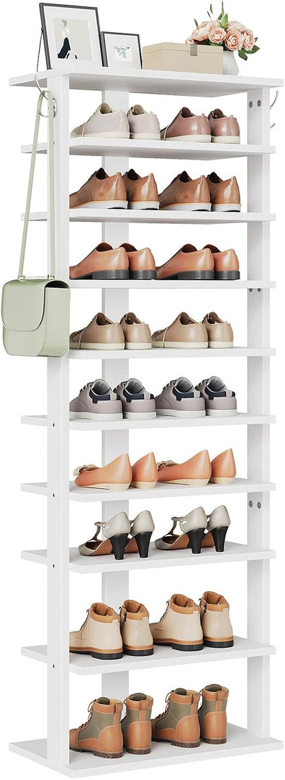 HOOBRO 8 Tiers Vertical Shoe Rack, Wooden Shoe Storage Organizer with Hooks, Narrow Shoe Tower for 8 Pairs, Space Saving, for Entryway, Living Room, Bedroom, Rustic Brown BF07XJ01G1