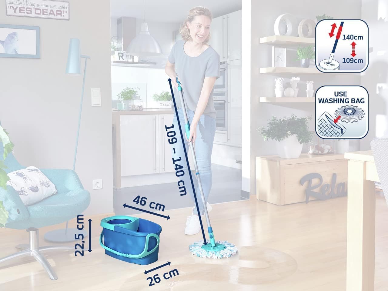 Leifheit Clean Twist Spin Mop and Bucket Set with Rollers | Telescopic Handle, 360° Joint, Spin-Dry System | Easy Glide Wheels | Blue