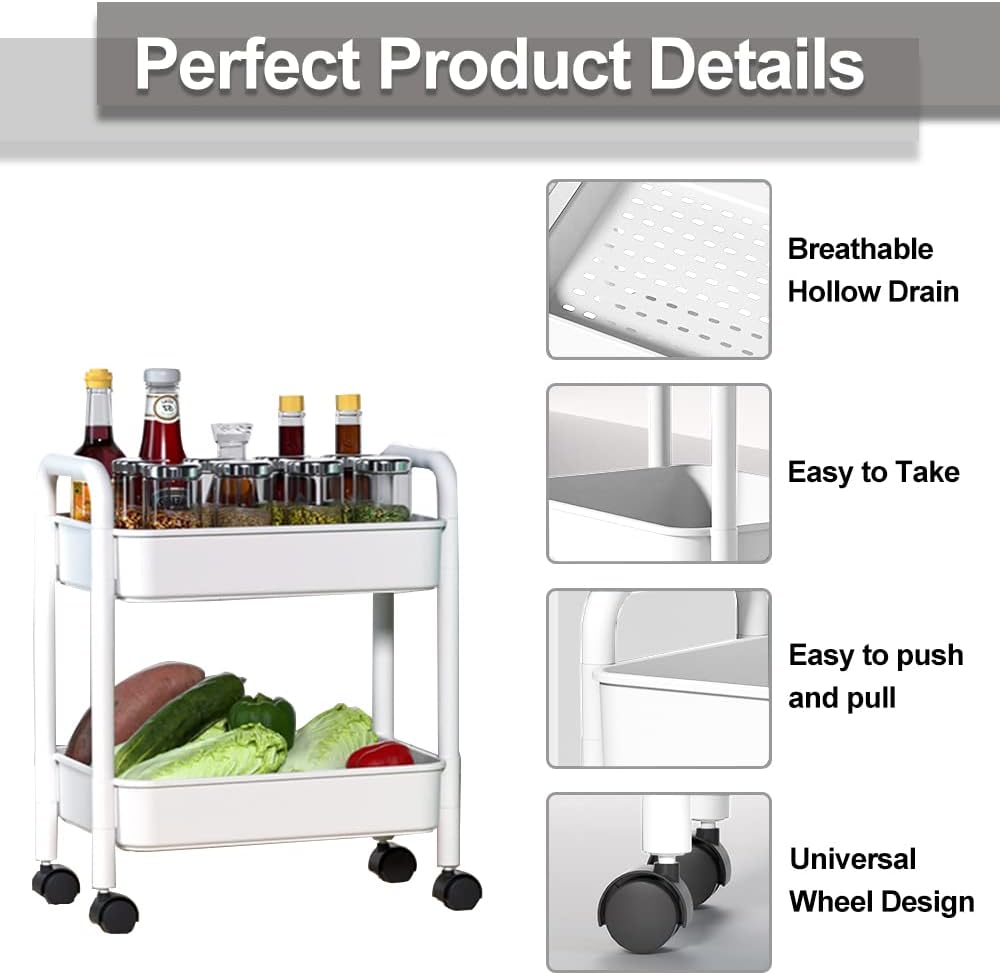 2-Tier Utility Rolling Cart Storage Sofa Side Table with Wheels, Mobile Trolley Organizer with for Office Home Kitchen Organization, Cream White