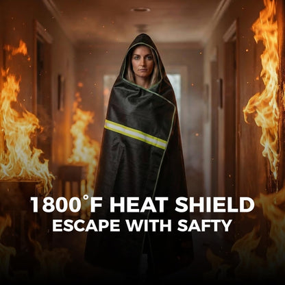 Fireproof Cloak with Hood - Fiberglass Free Fire Blanket Emergency for Home, 1800°F Heat Resistant Fire Escape Wrap, Reflective Safety Cape for Adults Survival - 71"x63", Black